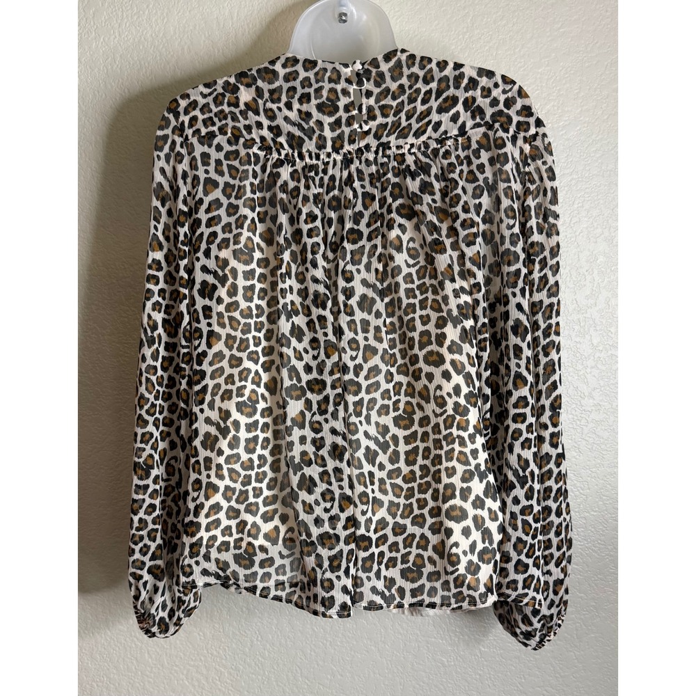 Maeve Small Blouse Brown‎ Leopard Print Sheer Lined Long Sleeve Keyhole Back - Picture 2 of 12